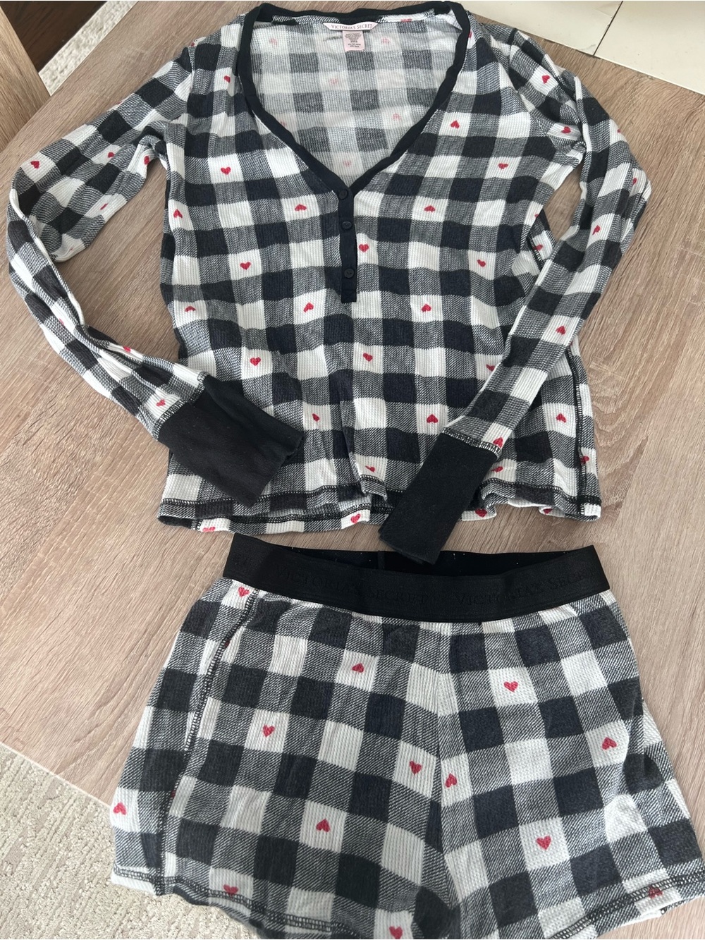 Victoria's Secret Black & White Plaid Pajama Set with Red Hearts